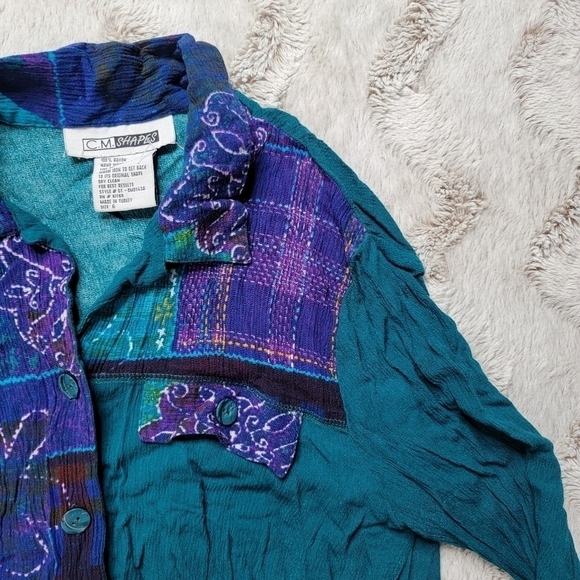 Vintage CM Shapes Turquoise Blue Green Patchwork Button Up Blouse Size 6 - Picture 3 of 8
